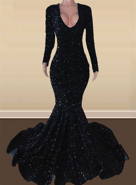 2026 Mermaid Black Long Sleeves V Neck Sequence Long Prom Dresses