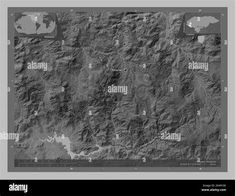 Lempira, department of Honduras. Grayscale elevation map with lakes and ...
