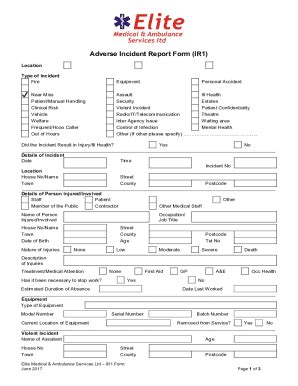 Fillable Online Adverse Incident Report Form (IR1) - Elite Medical Fax ...