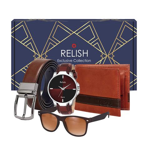 Buy Relish Leather Analogue Men'S & Boy'S Brown Watch, Belt, Wallet And ...