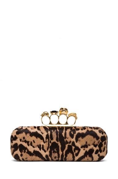 McQueen Leopard Knuckle Box Clutch in Black & Tan | FWRD