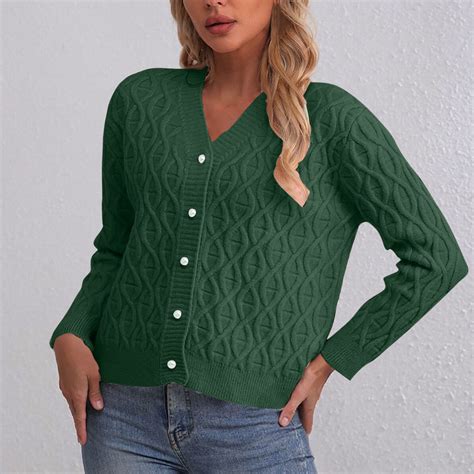Amidoa Cardigan Womens Sweaters Long Sleeve Button up Green Cable Knit ...