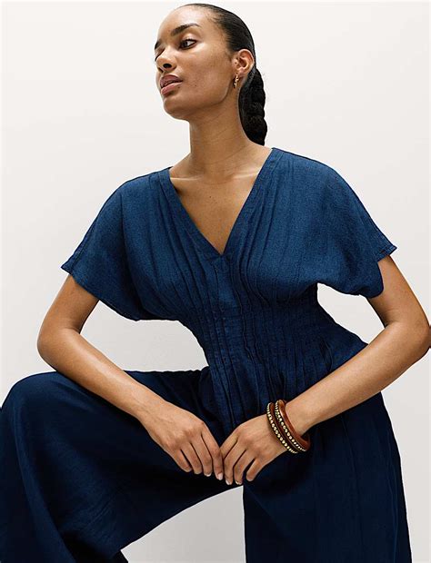 Buy Linen Rich V-Neck Waisted Top at Marks & Spencer