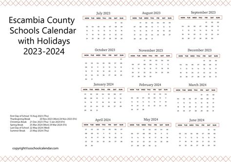Escambia County Schools Calendar - US School Calendar