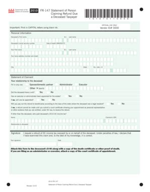 Fillable Online otr cfo dc FR-147 2010 Statement of Person Claiming ...