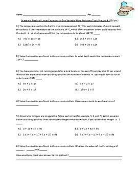 Image result for Linear Word Problems in One Variable Algebra 1