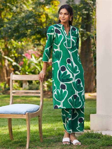 Buy Green Printed Cotton Kurta with Pants- Set of 2 | VJ188S24/02/KP ...