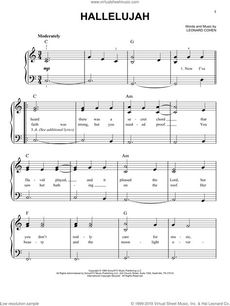 Cohen - Hallelujah, (easy) sheet music for piano solo [PDF]