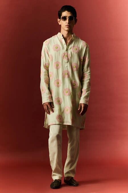 Buy Blue Chanderi, Cotton Embroidery Floral Hand Kurta With Pant For ...