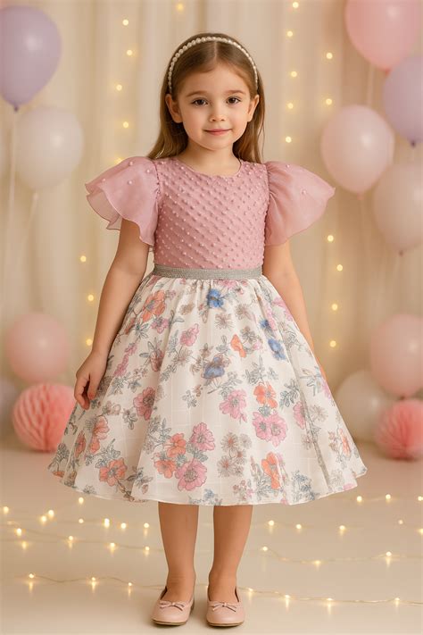 Girls Floral Embellished Flared Sleeves Party Dress – Wish Karo