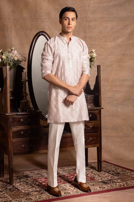 Buy Ivory Cotton, Silk Embroidery Lucknowi Work Kurta With Pant For Men ...