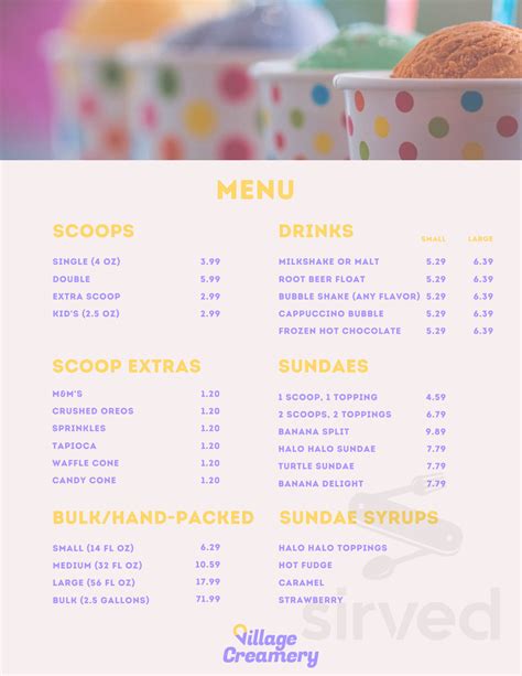 Village Creamery menu in Niles, Illinois, USA