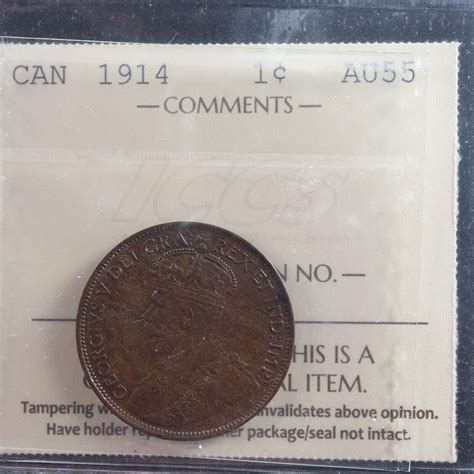1 cent 1914 Canada ICCS AU-55 one large penny King George V c ...