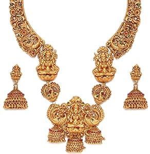 Buy fabula Jewellery Antique Gold Tone Red & Green Stone Traditional ...