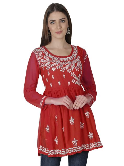 Seva Chikan Hand Embroidered Lucknowi Chikankari Red Georgette Women ...