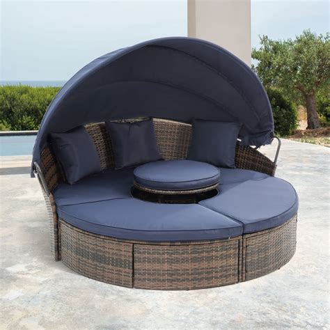 Patio Furniture Round Outdoor Daybed with Retractable Canopy, Outdoor ...