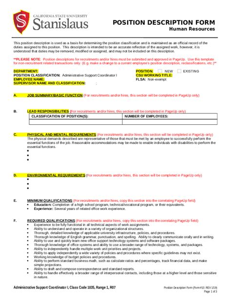 Position Description Form - Blank Fillable Template | Fill Out, Print ...