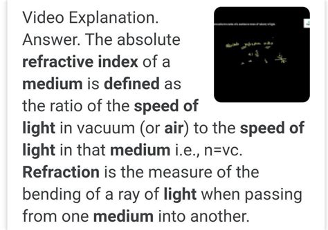 Define refractive index in the term of speed of light in air in medium ...