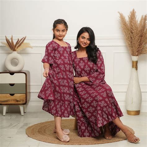Dots on Wine Mom and Daughter Cotton Dresses – Fashiana