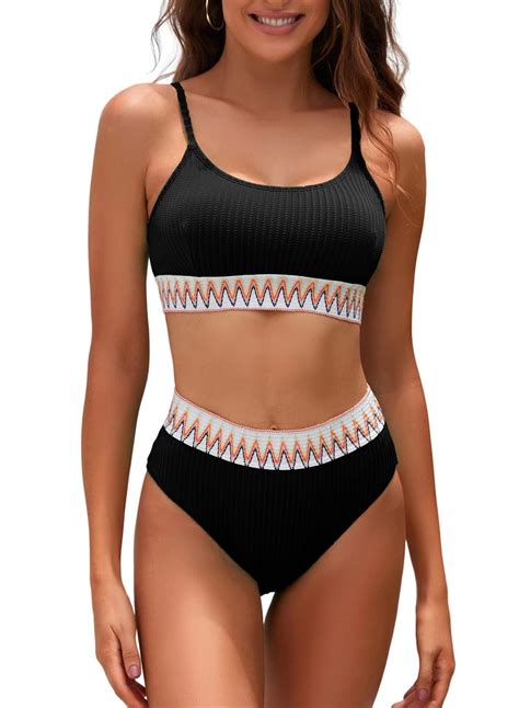 AlvaQ Women's 2 Piece Bikini Set Ribbed High Waisted Color Block ...