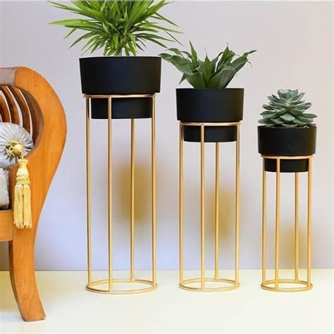 MJ Home Decor Modern Metal Plant Stand with Pots – Floor Standing ...