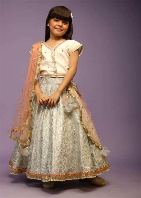 Kalki Girls Light Blue Lehenga In Brocade Silk With Weaved Floral Jaal ...