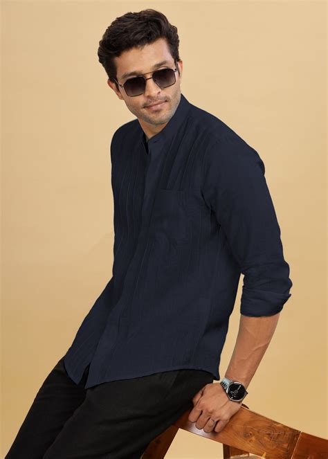 Dark Blue Pure Linen Full Sleeve Shirt and Collar and Pin Tucks for Men ...