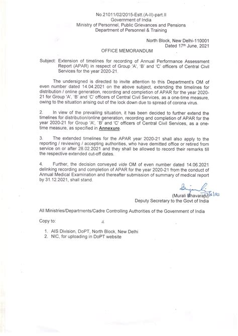 Extension of timelines for recording of Annual Performance Assessment ...