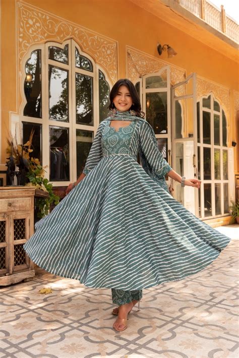 SUNHARI COTTON LEHERIYA AND BHANDEJ ANARKALI SET WITH COTTON DUPATTA ...