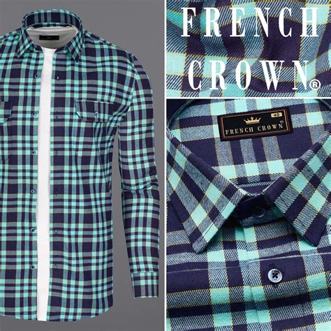 Aqua Island with Bleached Casual Checks-Plaid Premium Cotton Shackets ...