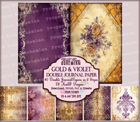 Purple and Gold Digital Printable Paper, Damask Violette and Gold ...