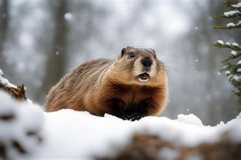 den Groundhog snowy emerges ground mammal wildlife animal snow hog ...