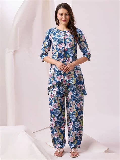 ⚡️Buy Incredible Blue Floral Printed Cotton Top Palazzo Co-Ord Set ...