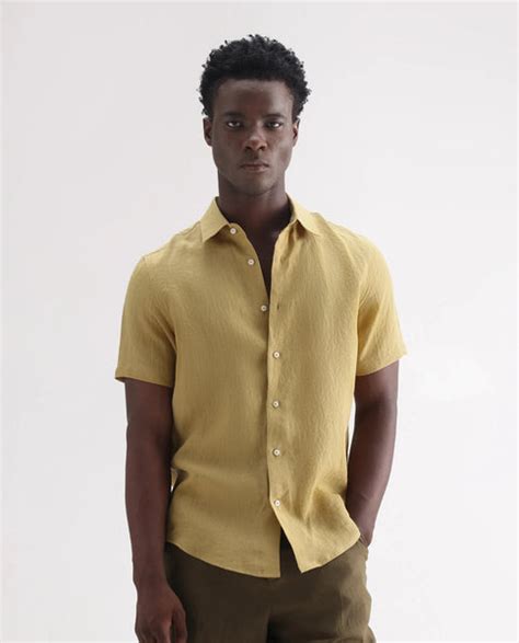 Rare Rabbit Men's Poist Dusky Mustard 100% Linen Plain Regular Fit Hal