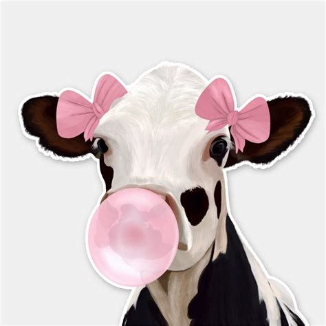 Cute Girly Pink Bubblegum Blowing Cow Sticker | Zazzle | Autocollants ...