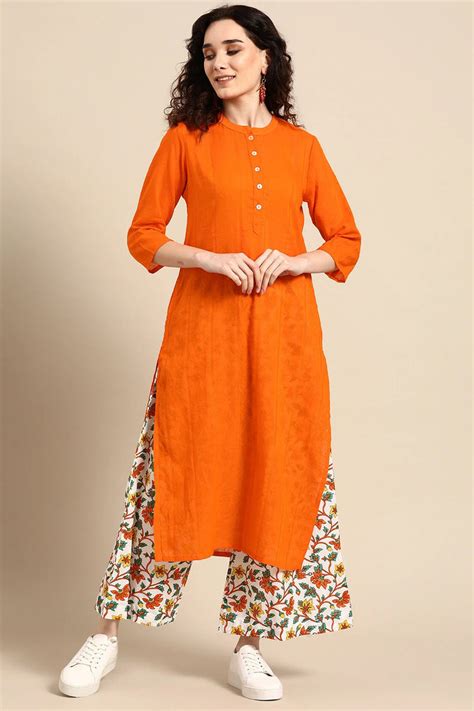 Women Orange Solid Straight Cotton Kurta Set – Ramaskurtijaipur