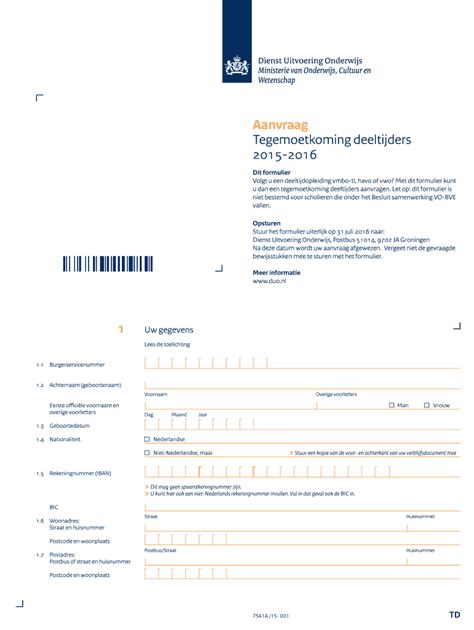 2015-2026 Formulier Aanvraag Tegemoetkoming Deeltijders - Leeg ...