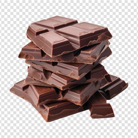 Pilha de pedaços de barras de chocolate escuro em fundo transparente ...