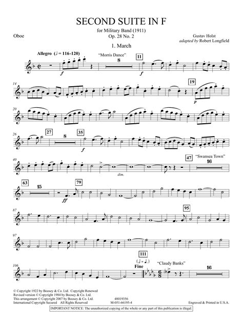 Second Suite in F (arr. Robert Longfield) - Oboe par Gustav Holst ...