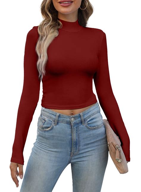 Vafful Women's Skin Tight Long Sleeve Mock Neck Crop Top, Ribbed Casual ...