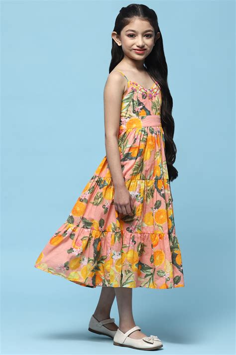 Buy Yellow Printed Strappy Cotton Tiered Dress Online at Biba India