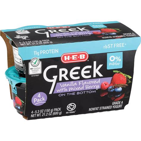 H-E-B 11g Protein Nonfat Greek Yogurt - Vanilla with Mixed Berry on the ...