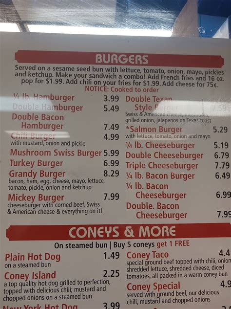 Menu at Grandy's Coney Island restaurant, Detroit, Outer Dr E