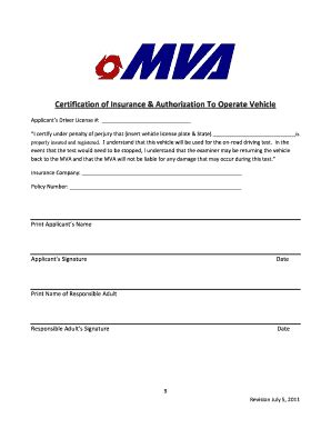MD Certification of Insurance & Authorization to Operate Vehicle 2011 ...