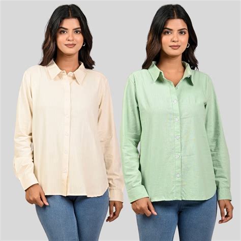 Women Off White And Pista Green Solid Airy Linen Cotton Shirts Combo ...