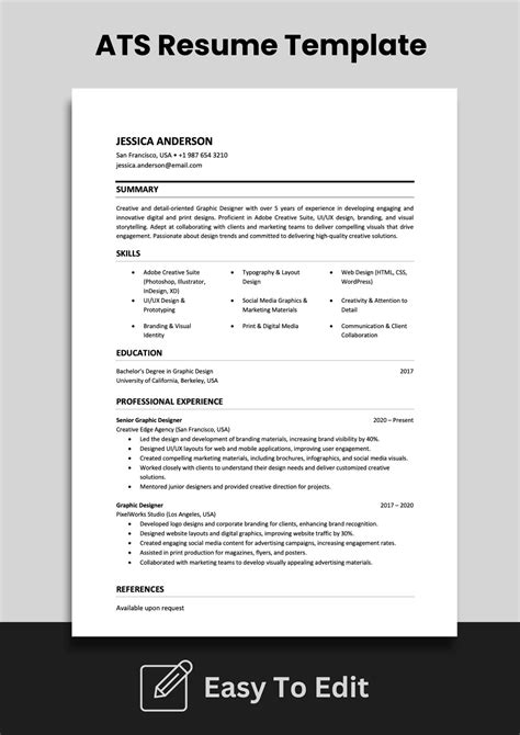 ATS Friendly Graphic Designer Resume Template | Graphic design resume ...