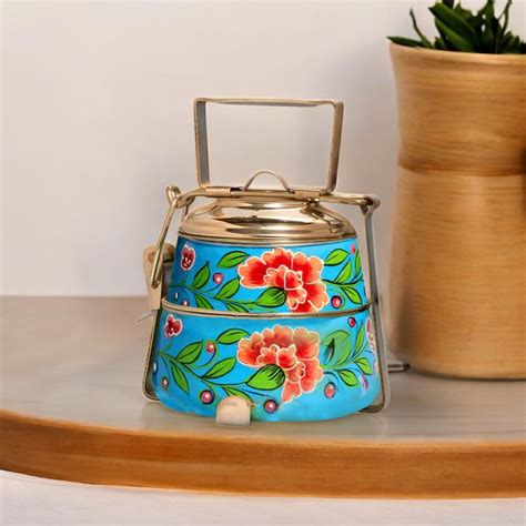 Hand Painted 3 Tier Steel Tiffin Box - Blue – Oxyroots Handicraft