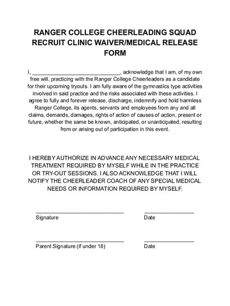 Fillable Online RANGER COLLEGE CHEERLEADING SQUAD RECRUIT CLINIC WAIVER ...