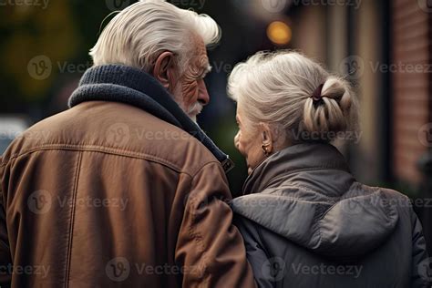 Back view of an elderly couple outdoors. Elderly man and woman are ...