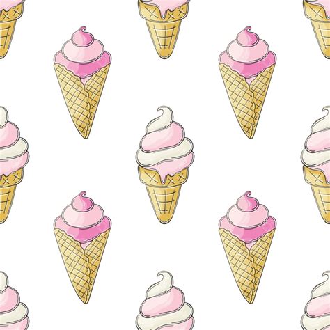 Cute Ice Cream In Waffle Cones Seamless Pattern Background, Pink, Berry ...